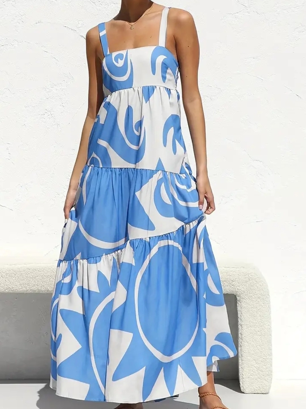 Blue & White Tiered Maxi Dress with Abstract Print